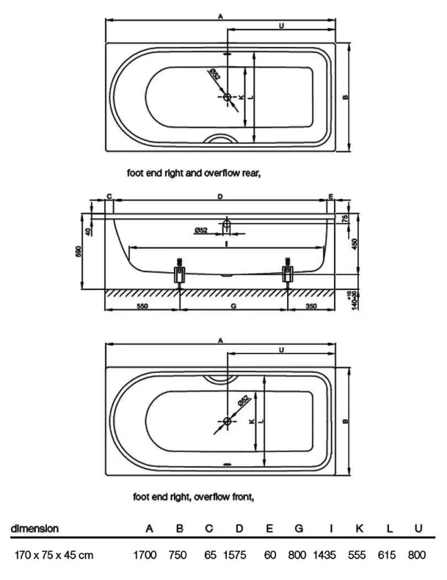 Betteocean 1500 700 Mm Foot End Right/overflow Front, White technical drawing - Image 6