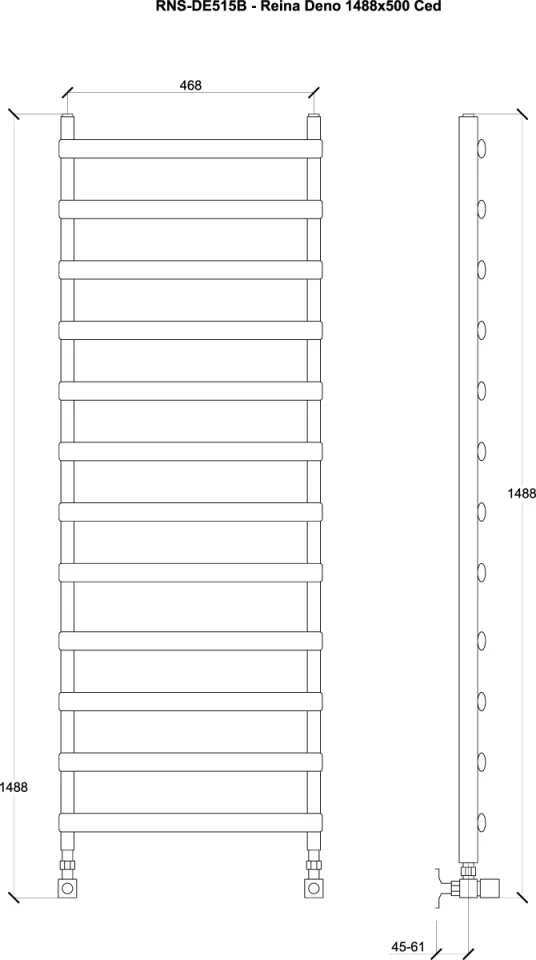 Reina Deno 500X1488 Brushed Stainless Steel Towel Rail technical drawing - Image 3
