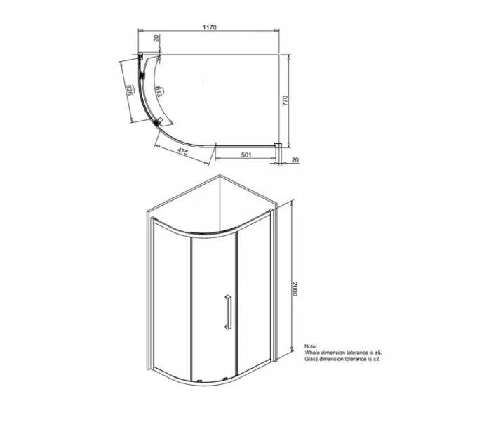 Crosswater Infinity 8 Offset Quadrant Shower Door 1200 x 800mm Polished Stainless Steel technical drawing - Image 2