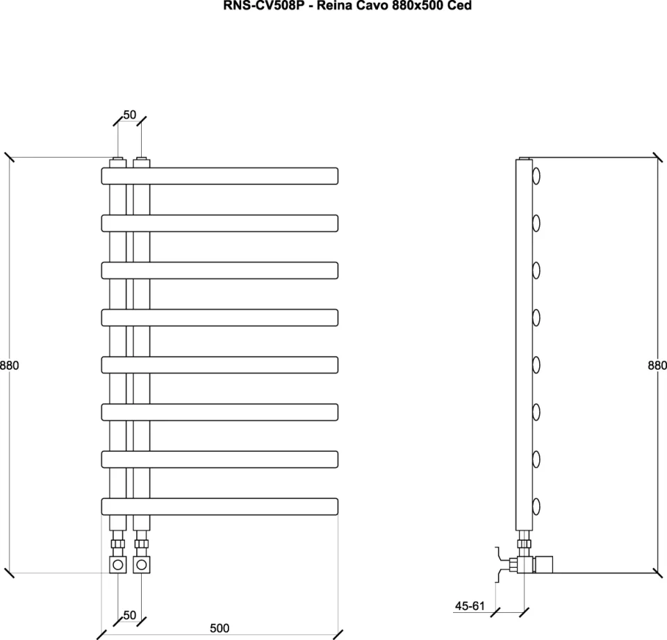 Reina Cavo 880 X 500 Polished Stainless Steel Towel Rail technical drawing - Image 3