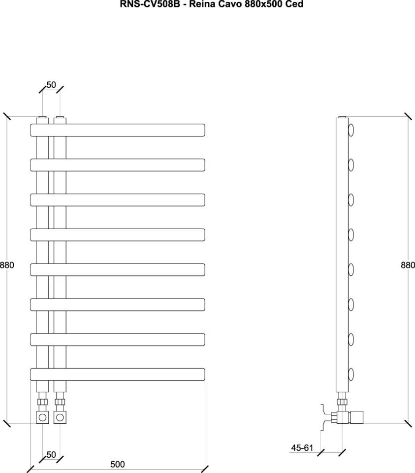 Reina Cavo 880 X 500 Brushed Stainless Steel Towel Rail technical drawing - Image 3