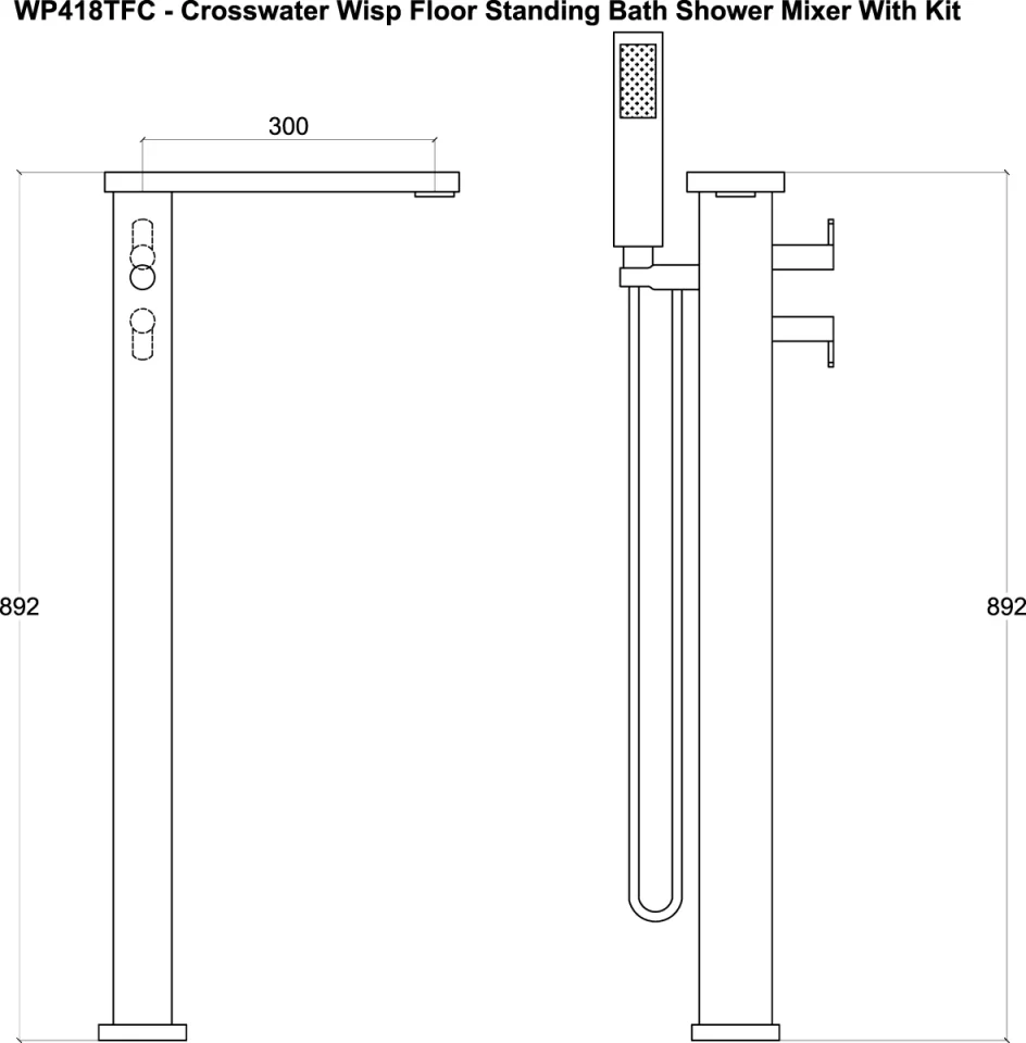 Crosswater Wisp Thermo Bath Shower Mixer Floor Standing with Kit Chrome technical drawing - Image 3