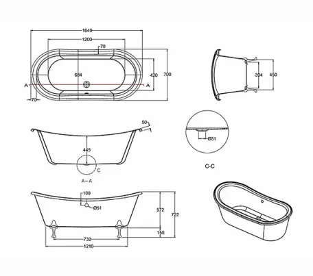 Burlington Clearwater 1640 X 700mm Bateau Bath technical drawing - Image 2