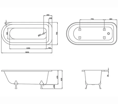 Bc Designs Mistley 1700 Bath With Feet Set 1 White technical drawing - Image 2