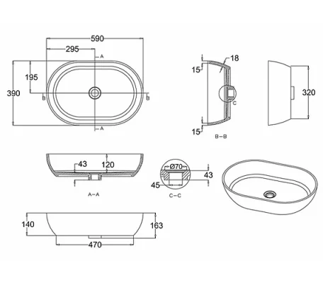 Britton Formoso Basin 550 X 350 X 142 Basin Matt White technical drawing - Image 2