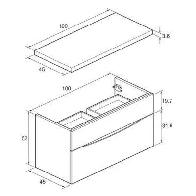 Crosswater Glide II 1000mm Glass Inset Vanity Unit Basin with 1 Tap Hole Midnight Black technical drawing - Image 2