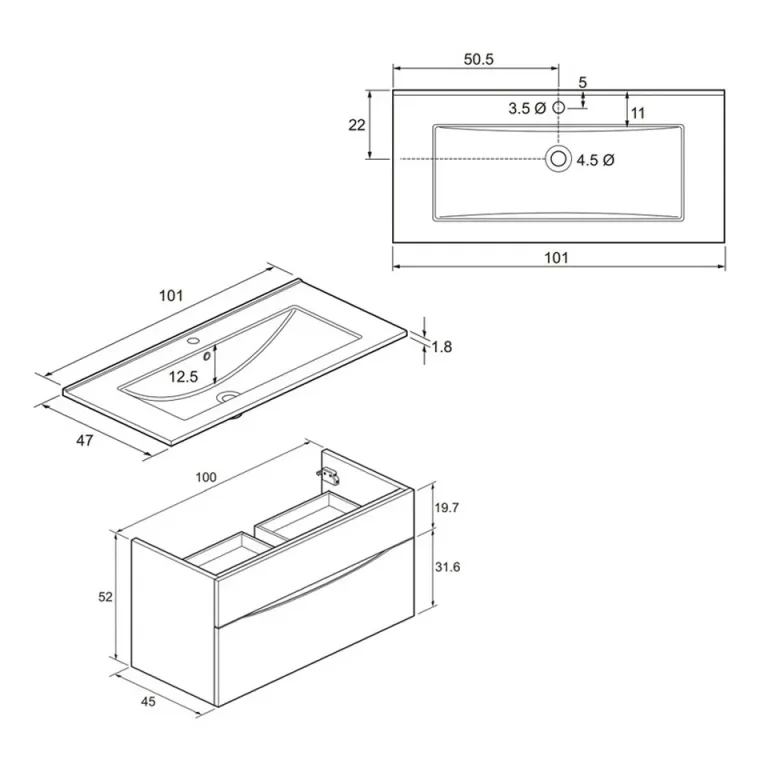Crosswater Glide II 2 Drawer Basin Unit 1000 Steelwood technical drawing - Image 2