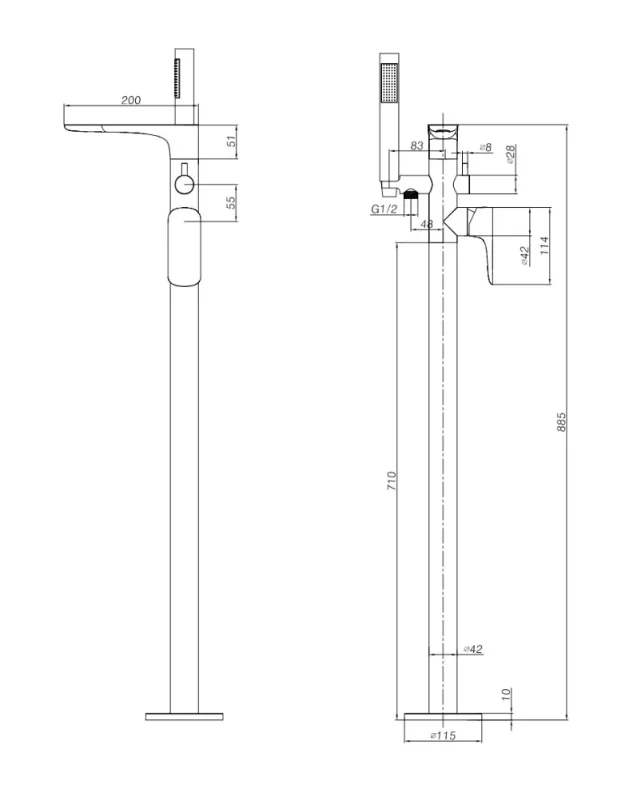 Ava Purity Floor Mounted Bath Shower Mixer - Polished Stainless Steel technical drawing - Image 2
