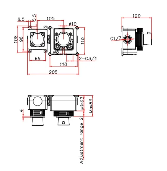 Ava Purity 1 Way 2 Handle Thermostatic Valve W/ Flanges - Brushed Brass technical drawing - Image 2