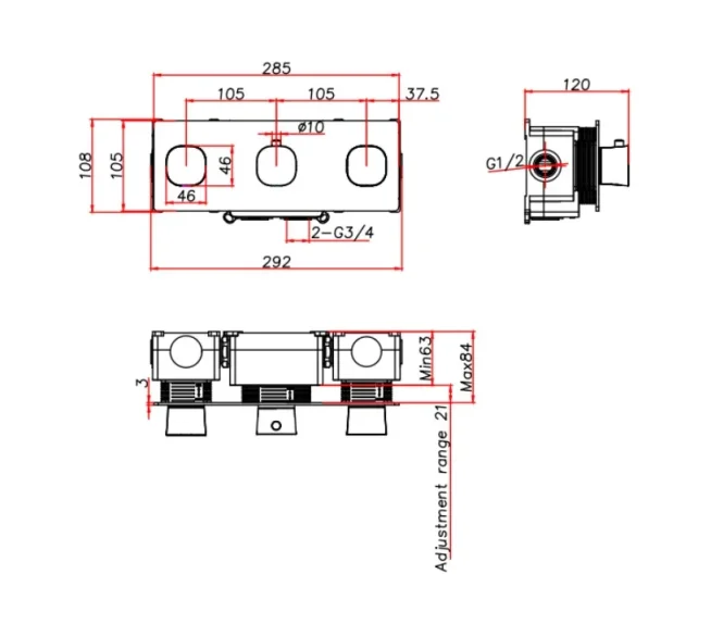 Ava Purity 2 Way 3 Handle Thermostatic Valve W/ Backplate - Brushed Black technical drawing - Image 2