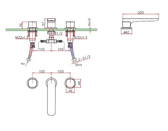 Ava Purity 3 Hole Deck Mounted Basin Mixer W/ Flanges - Brushed Black technical drawing - Image 2