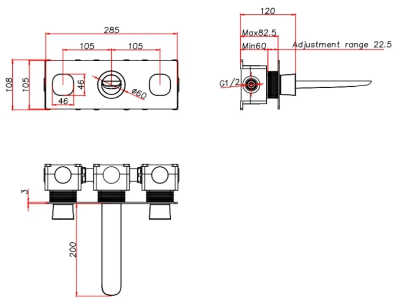 AVA Purity 3 Hole Wall Mounted Basin Mixer Tap With Back Plate Polished Stainless Steel technical drawing - Image 2