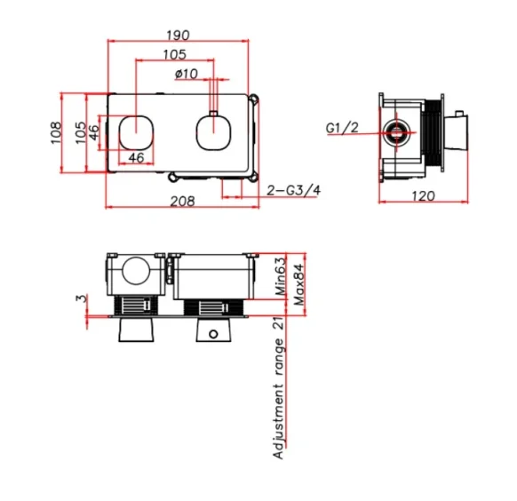 Ava Purity 1 Way 2 Handle Thermostatic Valve W/ Backplate - Brushed Black technical drawing - Image 2