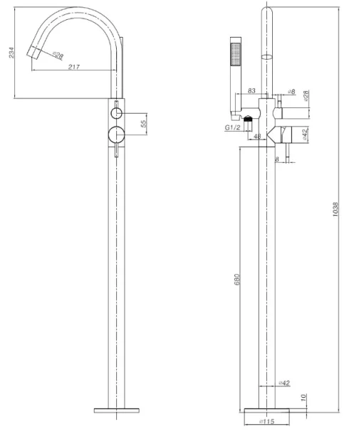 Ava Trend Floor Mounted Bath Shower Mixer - Brushed Brass technical drawing - Image 2