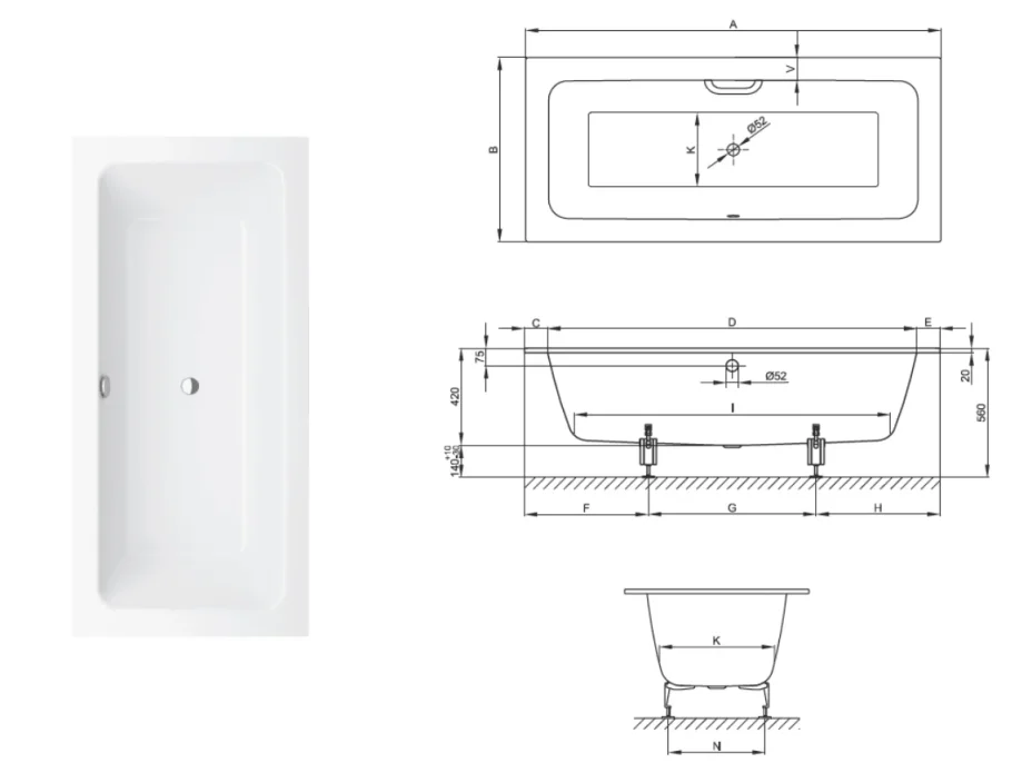 Bette One 1600 700mm White technical drawing - Image 3