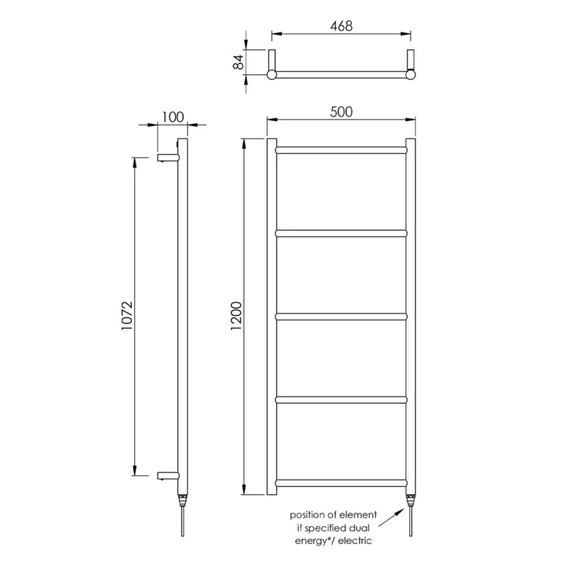 Vogue Galaxy Towel Radiator Heating Only - Polished Stainless Steel 1200X500 technical drawing - Image 2