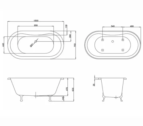 Burlington Windsor Double Ended Bath 1500mm X 750mm technical drawing - Image 2