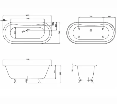 Burlington Windsor Double Ended Bath 1700 X 750mm technical drawing - Image 2