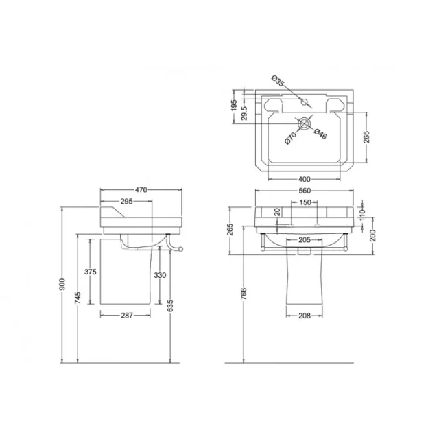 Burlington Towel Rail For 560 Square Bas Chrome technical drawing - Image 2