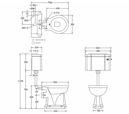 Burlington Low Level Flush Pipe Kit Chrome technical drawing - Image 2