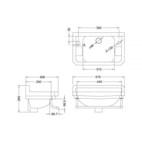Burlington Towel Rail For 510 Square Basin Chrome technical drawing - Image 2