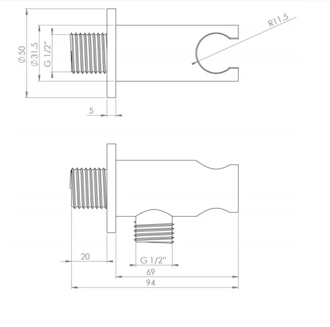 Saneux Cos Round Shower Outlet Elbow & Holder - Chrome technical drawing - Image 2