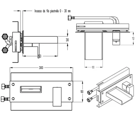 Crosswater Water Square 2 Hole Wall Mounted Waterfall Bath Tap Set Chrome technical drawing - Image 2