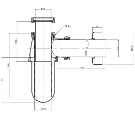 Crosswater Bottle Trap with 400mm Pipe Chrome technical drawing - Image 3