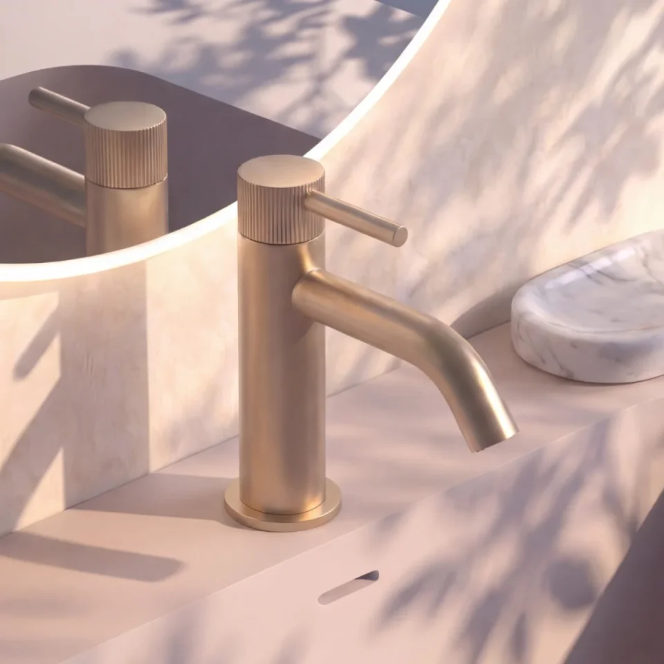 Ava Fluted Deck Mounted Basin Mixer Monobloc - Brushed Brass - Image 2