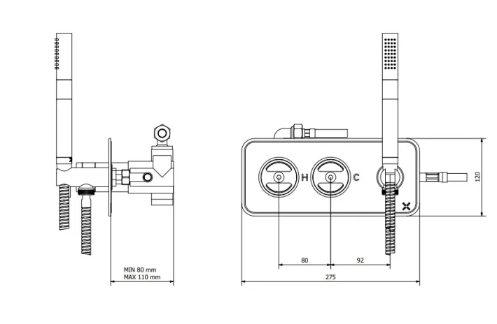 Crosswater Union 2 Handle Trimset Union Brass With Handset & Hose - Must Be Paired With Wlbp1501r+ technical drawing - Image 2