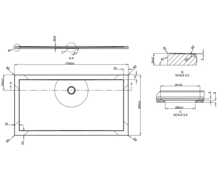 Crosswater Rectangular 35mm Acrylic Shower Tray 1700 x 900mm technical drawing - Image 2