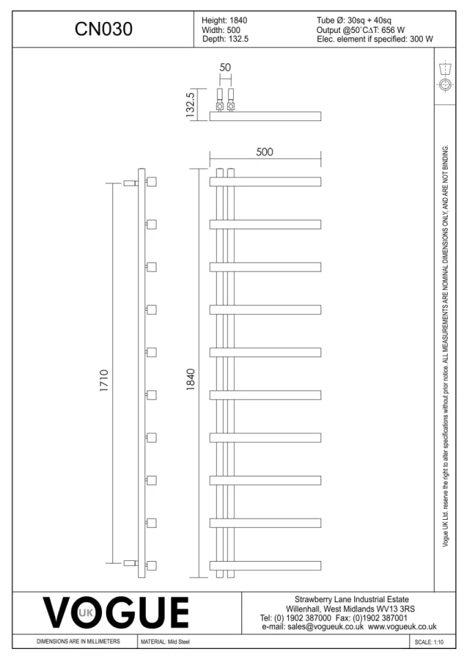 Vogue Keys Ii Heating Only 1840 X 500mm Chrome technical drawing - Image 3