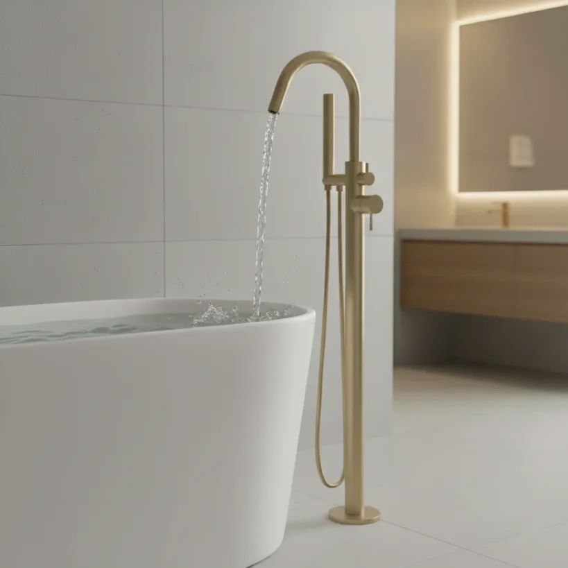 Ava Trend Floor Mounted Bath Shower Mixer With Silicone Shower Hose - Brushed Brass detail view - Image 2
