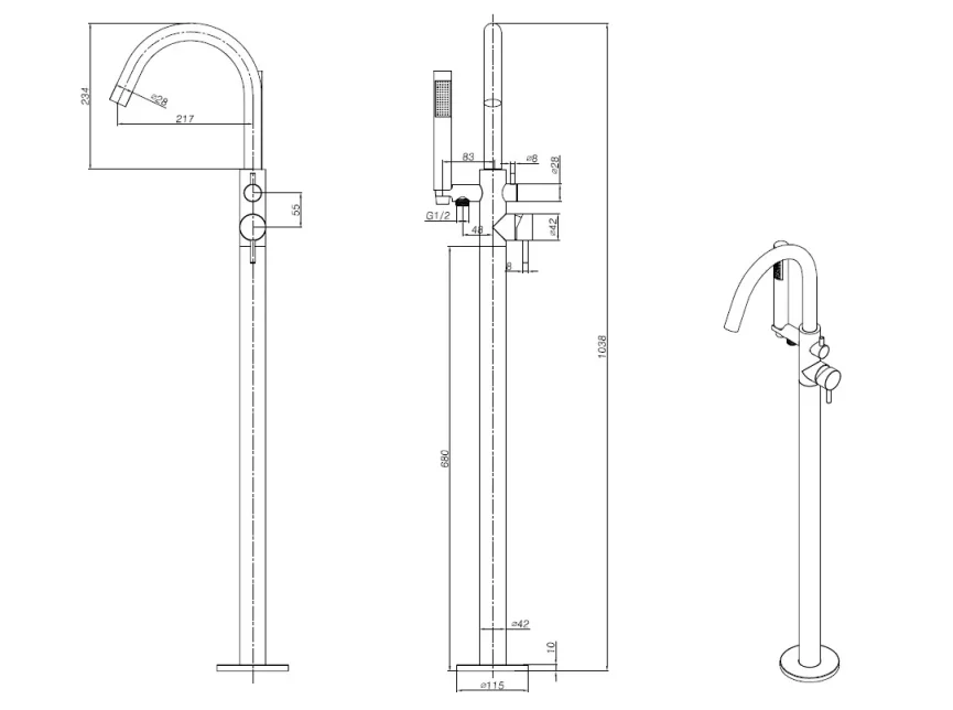 Ava Trend Floor Mounted Bath Shower Mixer With Silicone Shower Hose - Brushed Brass technical drawing - Image 4