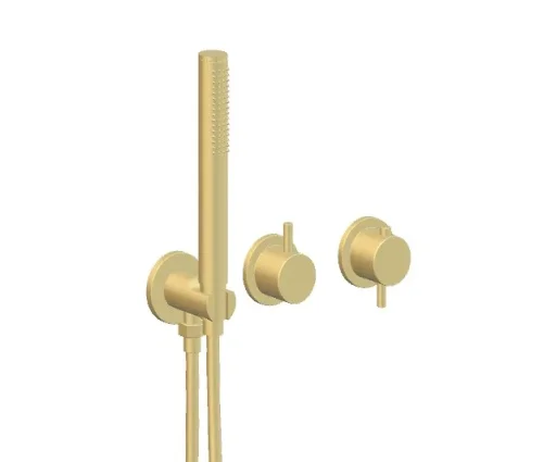 Ava Trend 2 Way 2 Handle Thermostatic Valve With Built In Hand Shower And 3 Hole Flanges 3.0 With Silicone Shower Hose - Brushed Brass detail view - Image 3