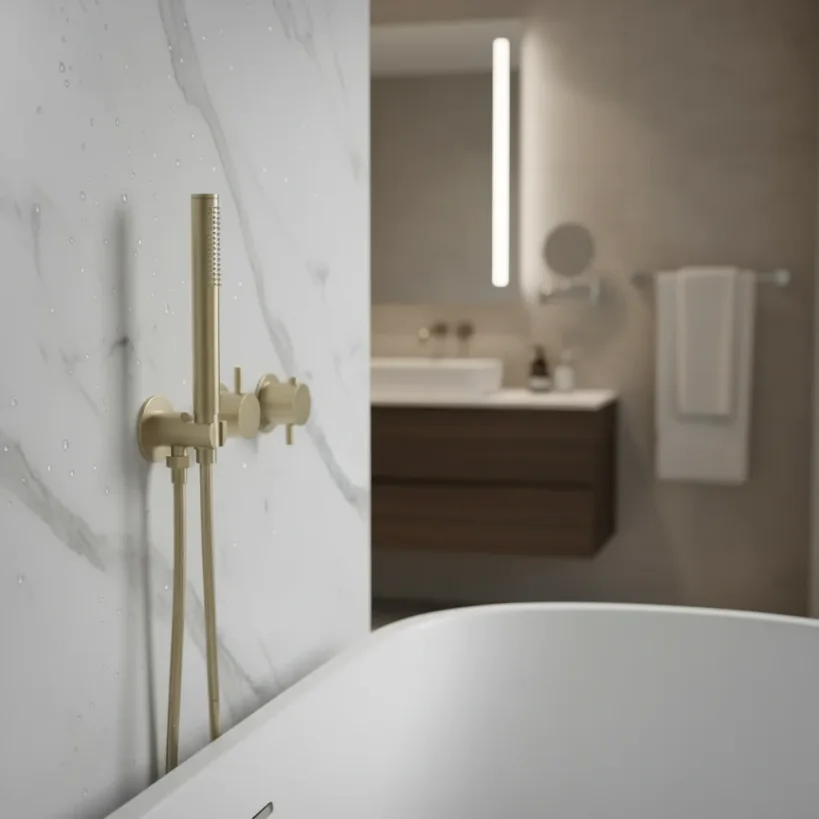 Ava Trend 2 Way 2 Handle Thermostatic Valve With Built In Hand Shower And 3 Hole Flanges 3.0 With Silicone Shower Hose - Brushed Brass detail view - Image 4