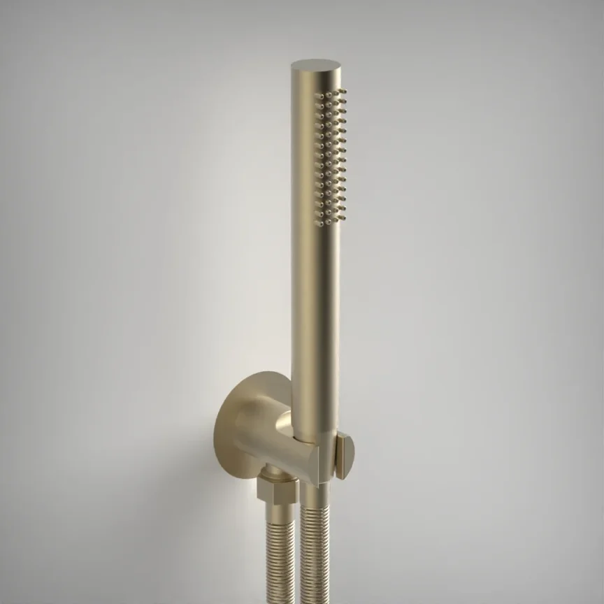 Ava Hand Shower Kit With Integrated Round Wall Outlet And Silicone Shower Hose - Brushed Brass detail view - Image 2