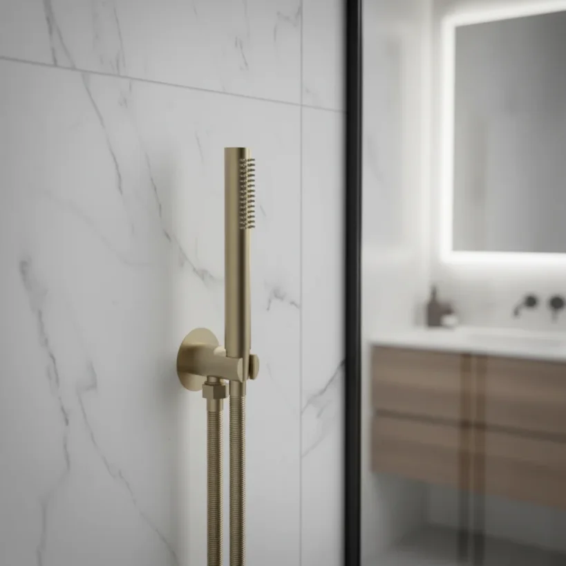 Ava Hand Shower Kit With Integrated Round Wall Outlet And Silicone Shower Hose - Brushed Brass detail view - Image 3