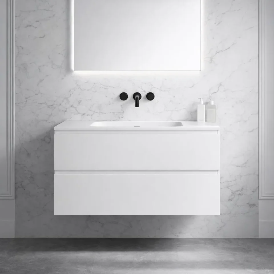 Faeber Mode 900mm Wall-Hung Vanity Unit with 2 Drawers - Matt White detail view - Image 4