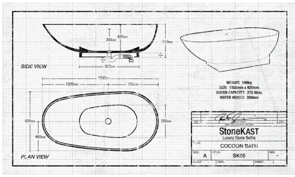 StoneKAST Cocoon Single Ended Freestanding Bath 1800 x 950mm Matt White technical drawing - Image 3