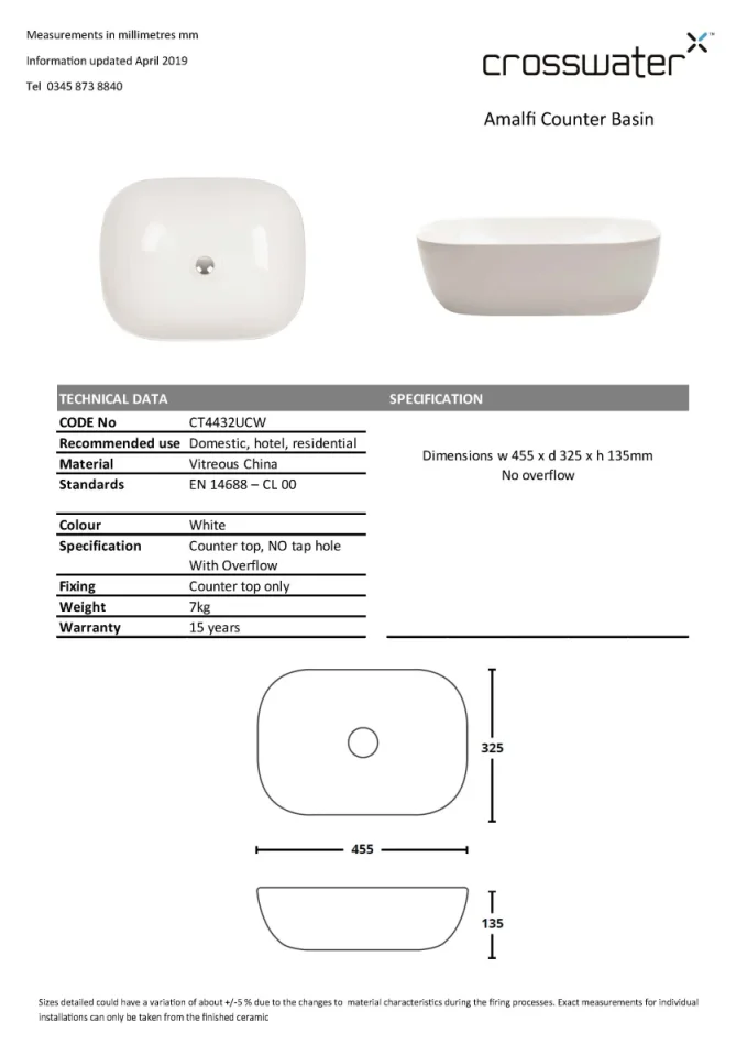 Crosswater Amalfi Counter Basin No Overflow 445x325 White technical drawing - Image 2