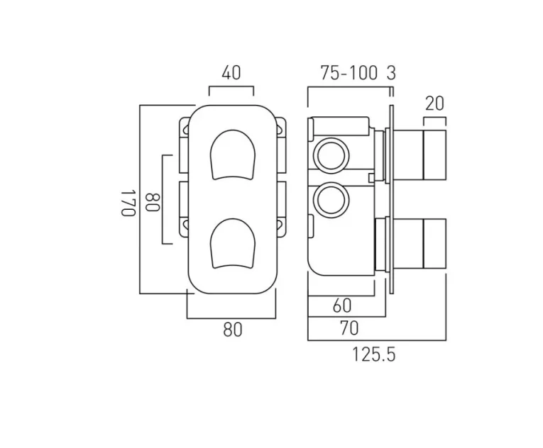 Vado Kovera 2 Outlet, 3 Handle Concealed Thermostatic Shower Mixer Valve Vertical Chrome technical drawing - Image 2