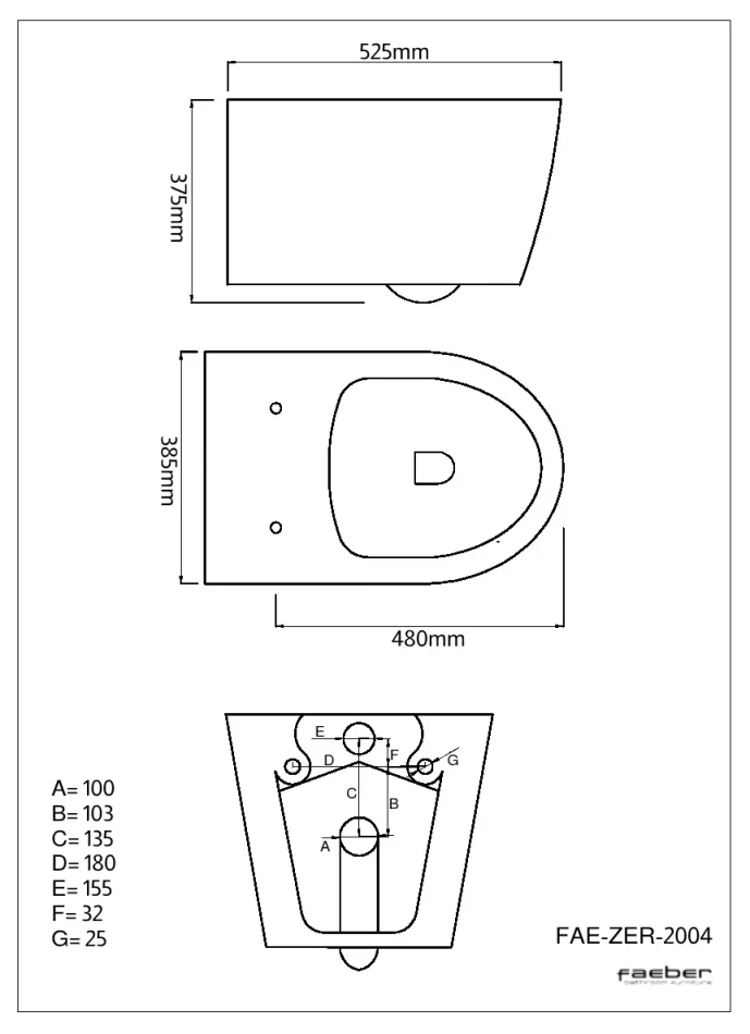 Faeber Zero Rimless Wall Hung Toilet Pan - Gloss White technical drawing - Image 2