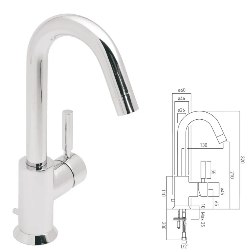 Vado Origins Mono Basin Mixer Single Lever Deck Mounted With Pop-up Waste technical drawing - Image 2