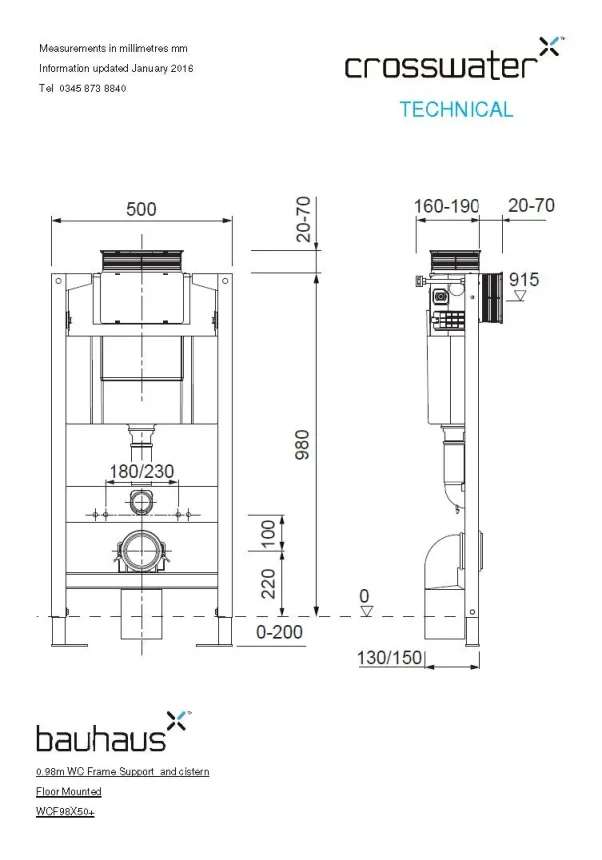 Crosswater 0.98m High Toilet Wc Frame/cistern Front Flush technical drawing - Image 2