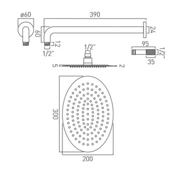 Vado Aquablade Single Function Easy Clean Slim Line Oval Shower Head, 300mm X 200mm (12 X 8") Chrome technical drawing - Image 3