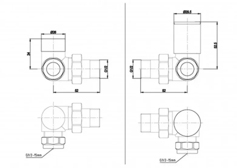 Just Taps Vos Corner Radiator Valve Brushed Brass technical drawing - Image 2