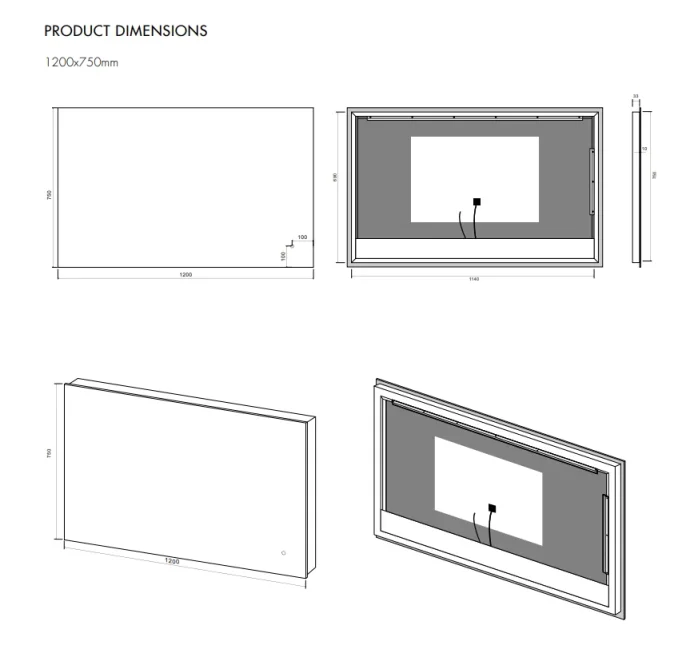 Faeber Glow 1200 Steam Free LED Illuminated Mirror technical drawing - Image 2