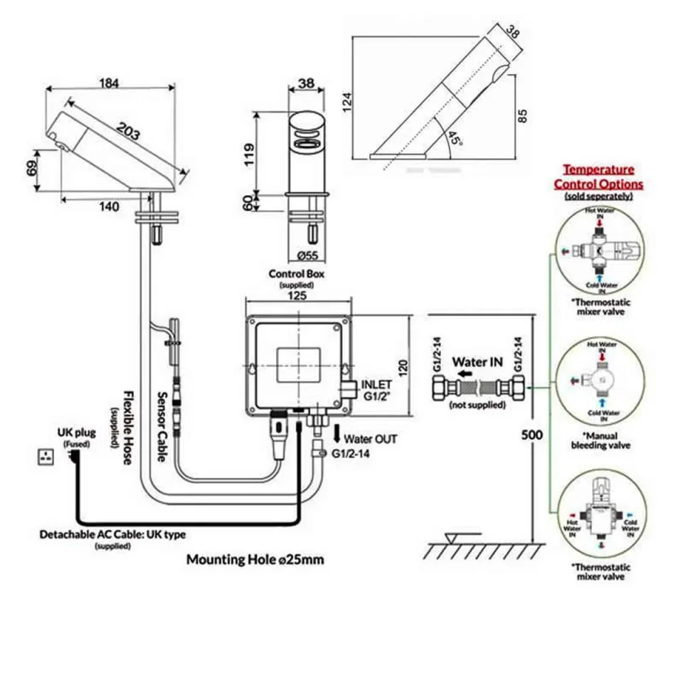 Rak Compact Commercial Angled Deck Mounted Infra Red Tap technical drawing - Image 2