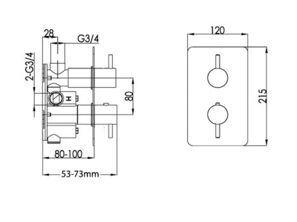 Just Taps Nox Thermostatic Concealed 3 Outlet Shower Valve technical drawing - Image 2